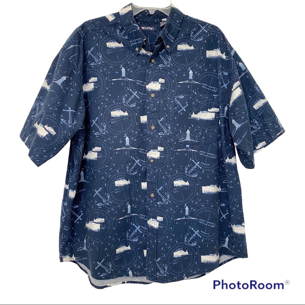 Puritan Preppy Yacht Lighthouse Navigation Themed Button Down Oxford Shi…